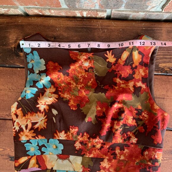 Kay Unger Women's Floral Brown Silk Wool Blend 2 Pleated Midi A-Line Dress GUC - Picture 12 of 16